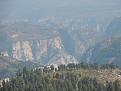 Zion Canyon from a distant high vantage point on a smokey day.
